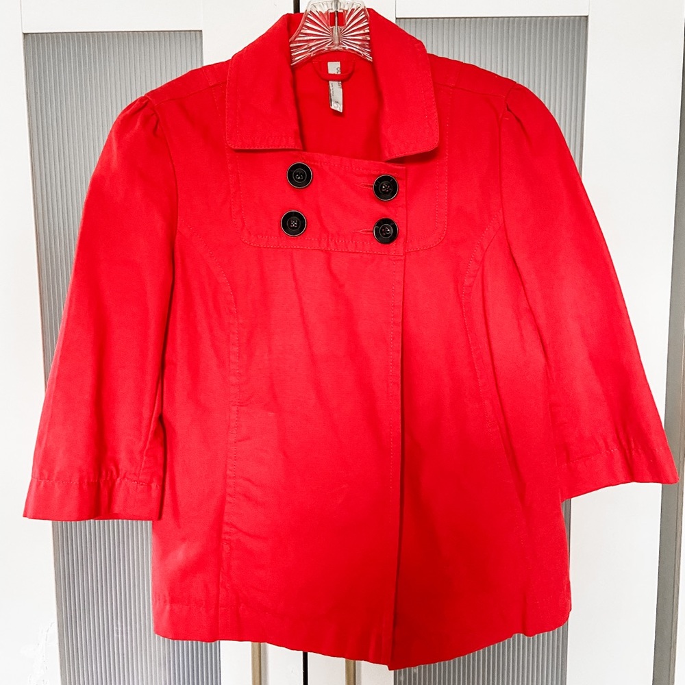 Red denim cropped pea coat